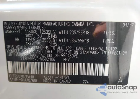 2017 Toyota Rav4 Limited z USA, uszkodzony, nr VIN 2T3DFREV0HW602106